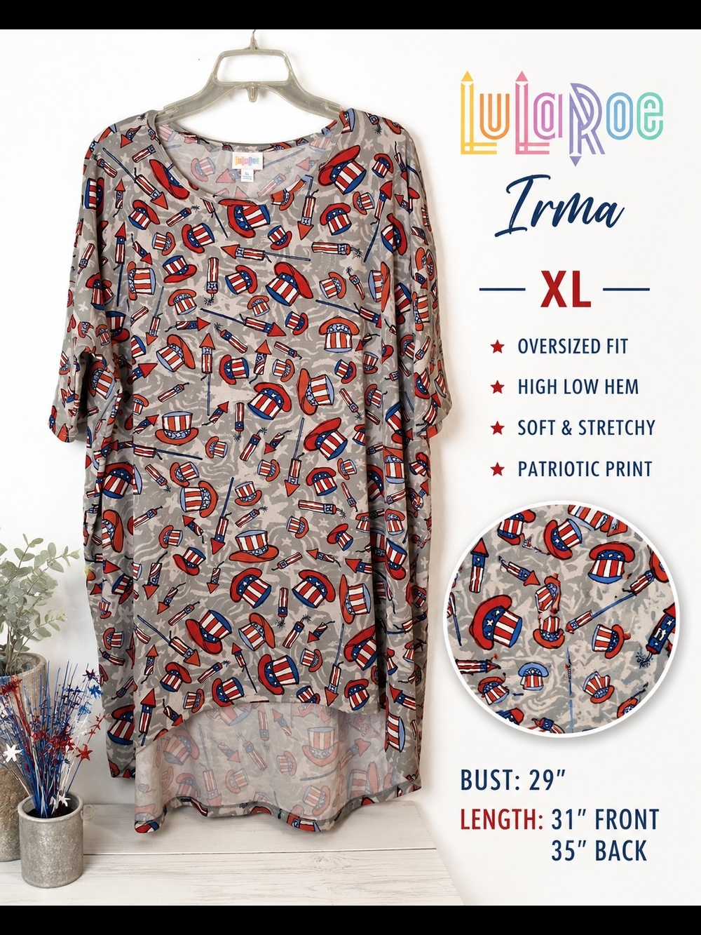LuLaRoe Irma XL Patriotic Uncle Sam Fireworks High Low Tunic Top XL